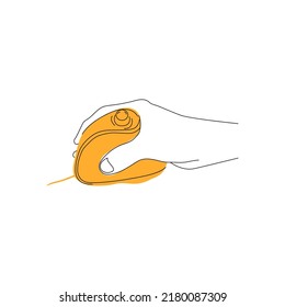 Icon hand holding computer vertical mouse, technology. Vector drawing manipulator, pointer, flat style on a white isolated background. Line style, sketch, symbol, minimalism