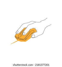 Icon hand holding computer wired mouse, technology. Vector drawing manipulator, pointer, flat style on a white isolated background. Line style, sketch, symbol, minimalism