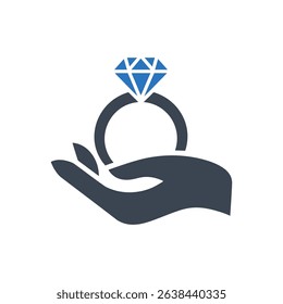 Icon of a hand holding a diamond engagement ring.