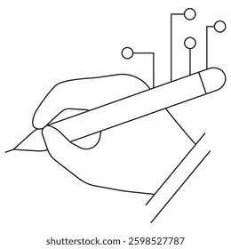 Icon of a hand holding a digital pen, symbolizing graphic design, digital drawing, or creative technology. Vector illustration with thin black lines on a transparent. Editable stroke thickness