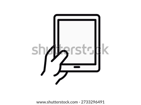 Icon of a hand holding a digital tablet in black linear stroke