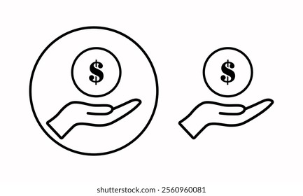 The icon of the hand holding the dollar.A set of dollars in your hand. Hands holding a dollar. Hands holding a dollar in a flat and linear style - stock vector image. Vector icon of finance and wealth