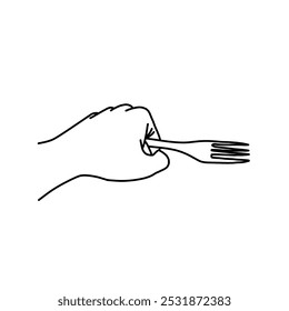 Mão de ícone segurando garfo. Garfo segurando mão de arte em linha. Monocromático. Ilustração vetorial. 