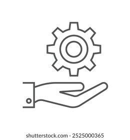 Icon of a hand holding a gear, symbolizing service, support, or technical assistance.