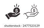 Icon of a hand holding a glowing dollar symbol, symbolizing financial insight and valuable investments. Vector illustration.