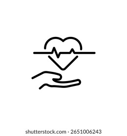 Icon of a hand holding a heart symbol with a heartbeat line on top, representing wellness and care.