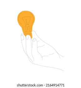 Icon of a hand holding a light bulb. Vector drawing style is flat on a white isolated background. Line style, sketch, symbol, minimalism