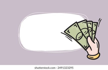 Icon hand holding money. Simple vector background with place for text for sticker, price tag, label. Hand drawn illustration. Business, finance, sales and shares concept.