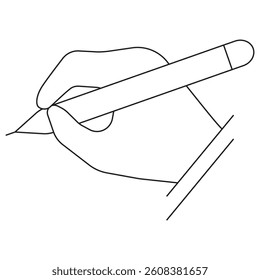 Icon of a hand holding a pen, representing the process of writing or drawing. Vector pictogram with thin black lines. Editable line thickness. Simple, minimal black and white design