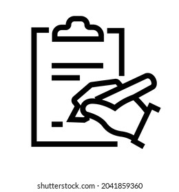 Icon of a hand holding a pencil writing on white paper equipped with a paper holder. Monoline drawing style. Black and white color.
