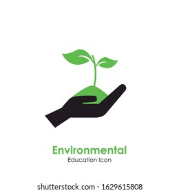 Icon of a hand holding a plant. Earth care symbol.