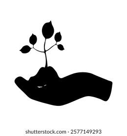 Icon of hand holding plant isolated on white background. Human hand holding small tree. Black sign. Ecology concept. Care and environmental development.Element for eco design.Stock vector illustration