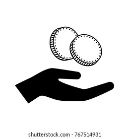 Icon of hand holding small change of several coins. Concept representing payment, value, charity or donation. Vector Illustration