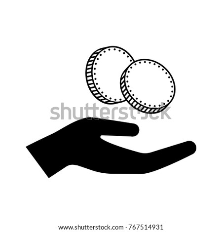 Icon of hand holding small change of several coins. Concept representing payment, value, charity or donation. Vector Illustration