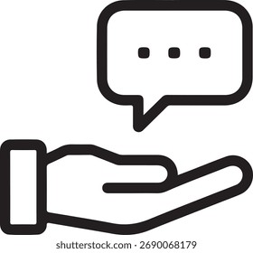 Ícone de uma mão segurando uma bolha de fala com pontos, representando comunicação ou suporte.