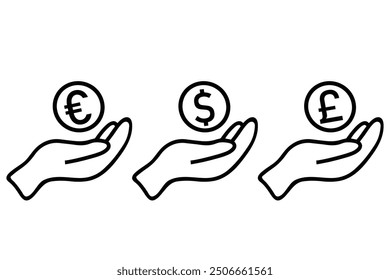 Icono de una mano que sostiene tres símbolos de moneda que incluyen Euro, Dólar y Libra. Icono de Ahorra dinero, dinero de sueldo, inversión y finanzas. Símbolo de moneda sobre un fondo blanco. 