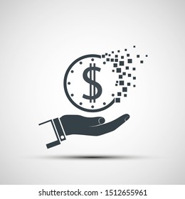 Icon Hand Holds A Dollar. Vanishing Coin Passing In The Sand. Vector Logo Illustration