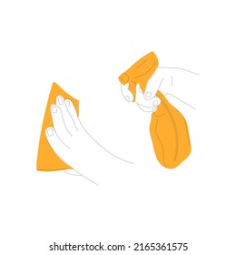 Icon hand holds a sprayer, wipes a sponge, cleanliness. Vector drawing style is flat on a white isolated background. Line style, sketch, symbol, minimalism