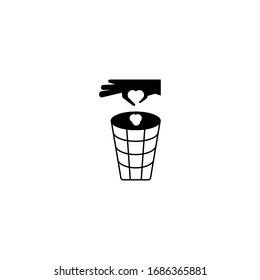 Icon hand like a heart throwing garbage into the bin. Throw in the trash. take care of nature - vector illustration
