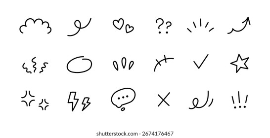 Symbol Hand Linie Cartoon Effekt Pfeilbewegung zeichnen Spaß Bürste Element. Element Symbol Linie Skizze Ausdruck süßes Design Strich Marke Bewegung Form Anime lustige Zeichen Marker Comic Frage Umriss Stift Aufkleber.