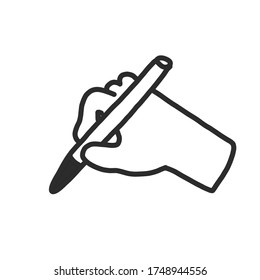Icono de la línea de la mano en un estilo plano, aislado en un fondo blanco. con un bolígrafo en la mano. símbolo de firma en documentos, estudios. para diseño de sitios web y aplicaciones. dibujado a mano