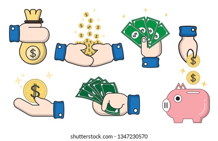 icon hand and money filled line set. Save money and business finance concept. outline,thin,stroke, Vector, illustration.