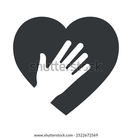 Icon hand placed on a heart, conveying the idea of support and generosity. This visual represents acts of kindness, charity initiatives, and community assistance.