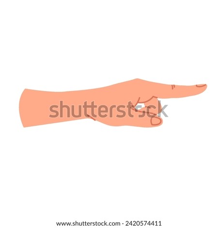 The icon of the hand pointing in the direction. Side view. A human hand with an index finger is pointing at something. Touch, tap, or click. Vector illustration with a gesture on a white background