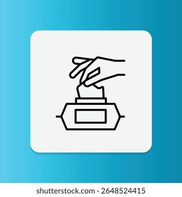 Ícone de uma mão puxando um toalhete de um pacote. Representa como usar toalhetes molhados facilmente.