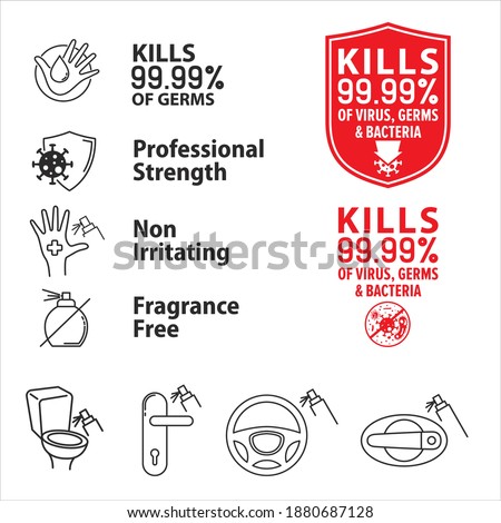 Icon for hand sanitaizer product, Professional Strength, Non Irritating, Fragrance Free, Kills virus 99.99%, for virus, germs and bacteria.