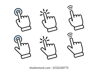 icon hand set. hand cursor. click vector icon. hand click. pointer. outline design style. indicating signs and symbols. vector template design