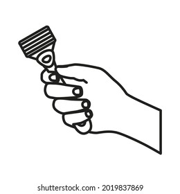 The icon is a hand with a shaving machine. The outline of a hand holding a modern shaving tool. Vector illustration isolated on a white background for design and web.