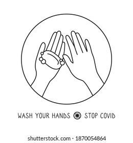 Icon hand soap washing, black line style. Cartoon symbol soap and foam. Stop coronavirus infographic. Flat disinfection sanitizer bottles, antiseptic gel symbol collection.Isolated vector illustration