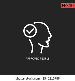 icon hand tick with white line vector design. Thin line with background black. It's right idea or agreement people icon. employee hiring with thin line man. Human head profile and check mark line icon