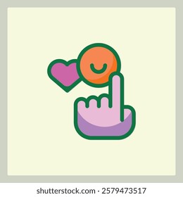 Icon of a hand touching a happy face with a heart beside it symbolizing interaction