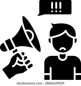 Icon of a hand using a megaphone directed at a distressed person representing loud verbal harassment and intimidation through bullying