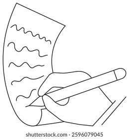Icon of a hand writing on a curved sheet of paper with a digital pen, representing note-taking, creative writing, or documentation. Vector illustration with thin black lines. Editable stroke thickness