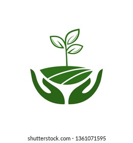 Icon of hands carefully holding green leaves. Symbol of ecology, environmental awareness, nature protection concept. Vector Illustration. 	
Plant in hand. Vector icon