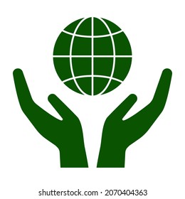 Icon of hands carefully holding green leaves. Symbol of ecology, environmental awareness, nature protection concept. Vector Illustration