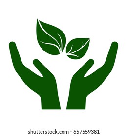 Icon of hands carefully holding green leaves. Symbol of ecology, environmental awareness, nature protection concept. Vector Illustration