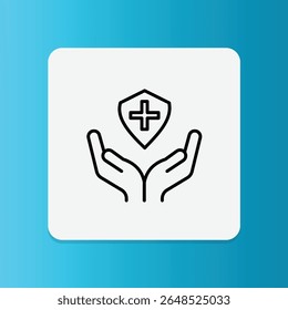 Ícone de mãos com uma cruz escudo. Representa proteção antibacteriana contra toalhetes úmidos.