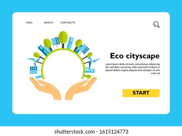 Icon of hands holding environmentally pristine city full of buildings and trees. Urban ecology, greenhouse, environment. Eco concept. For topics like ecology, nature in city, environmental protection