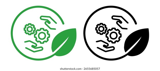 Manos del icono que sostienen engranajes dentro de un marco circular emparejado con la hoja verde que representa la innovación ecológica de la tecnología sostenible y las soluciones ambientales colaborativas