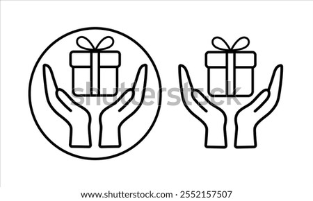 The icon of the hands holding the gift.A set of gift badges in your hands. Hands holding a gift badge. Hands holding a gift in a flat and linear style - stock vector image.