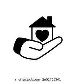 icon of hands holding a house with a heart sign, simple flat style, illustration, logo sign symbol pictogram template, for ui or ux isolated on white for mobile app, editable