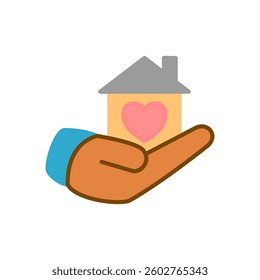 icon of hands holding a house with a heart sign, simple flat style, illustration, logo sign symbol pictogram template, for ui or ux isolated on white for mobile app, editable
