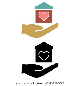 icon of hands holding a house with a heart sign, simple flat style, illustration, logo sign symbol pictogram template, for ui or ux isolated on white for mobile app, editable