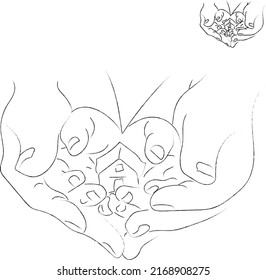 An icon of hands holding a small house. A simple linear symbol of owning, investing or protecting a home, buying for a family, mortgage. Vector on a white background with a small icon