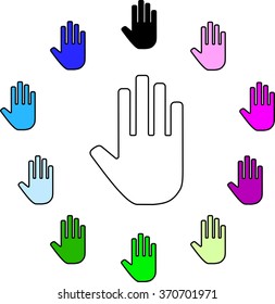 icon hands, many colored hands placed in a circle, vector