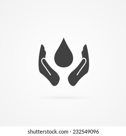 Icon of hands surrounding a drop of water. Shadow and white background.